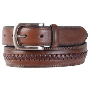 Men’s Braid Detail Topstitched Leather Belt, Size: 32, Brown